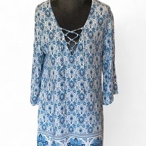 Blue Printed Lace-Up V-Neck Women's Dress